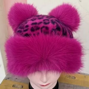 Faux Fur Pink Leopard Print Cat Ear Hat